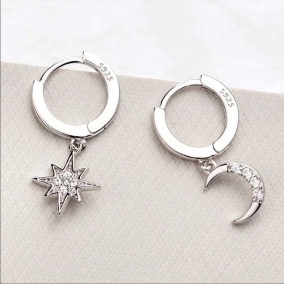 MOON STAR 925 STERLING SILVER DIAMOND HOOPS, NICE EARRINGS, CUTE EARRINGS - Picture 2 of 3